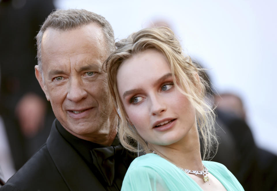 Tom Hanks, left, and Olivia DeJonge pose for photographers upon arrival at the premiere of the film 'Elvis' at the 75th international film festival, Cannes, southern France, Wednesday, May 25, 2022. (Photo by Vianney Le Caer/Invision/AP)