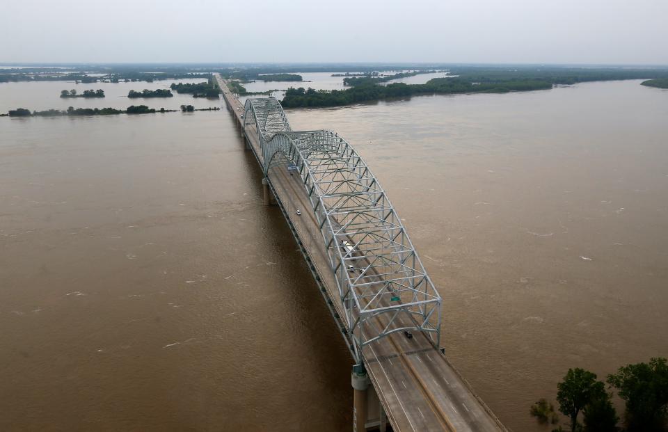 May 11, 2017 - The Mississippi River sits slightly above flood stage at Memphis, with the flooded bottom lands near West Memphis visible in distance.