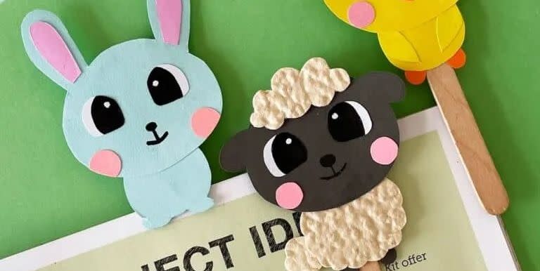 crafts for kids,three diy animal bookmarks in the shape of a bunny, sheep and chick