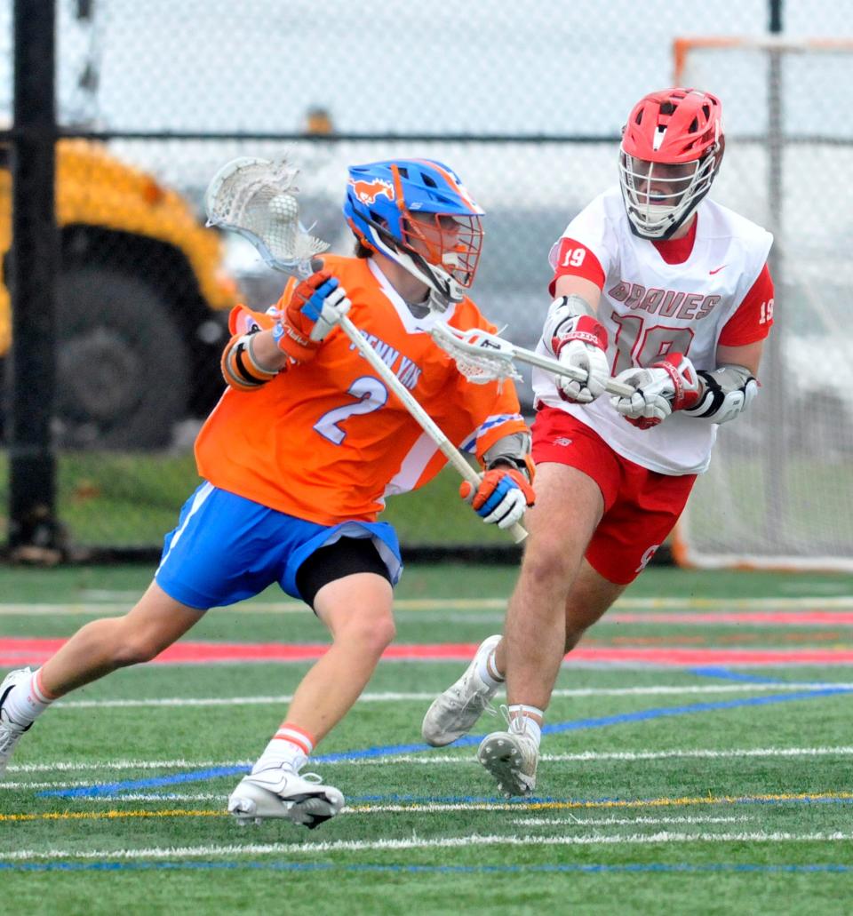 Penn Yan's Teagen Fingar (2) drives as Canandaigua's Mason Bolster defends during Saturday's game.