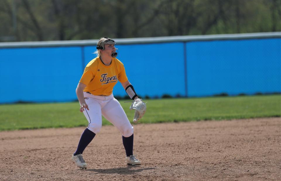 Hagerstown freshman Rylan Young watches a fly ball during a Wayne County Tournament game April 23, 2022.