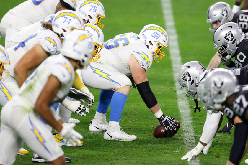 LAS VEGAS, NEVADA - DECEMBER 17: Center Dan Feeney #66 of the Los Angeles Chargers readies at the line of scrimmage.