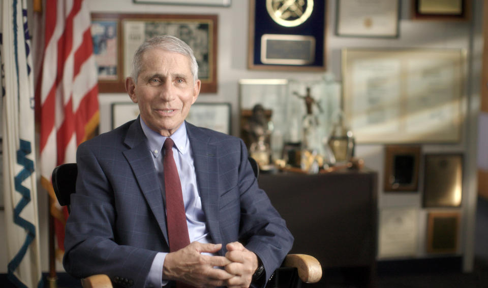 This image released by National Geographic shows Dr. Anthony Fauci at the NIH in Bethesda, Md., during the filming of the documentary "Fauci." (Visko HatfNational Geographic via AP)