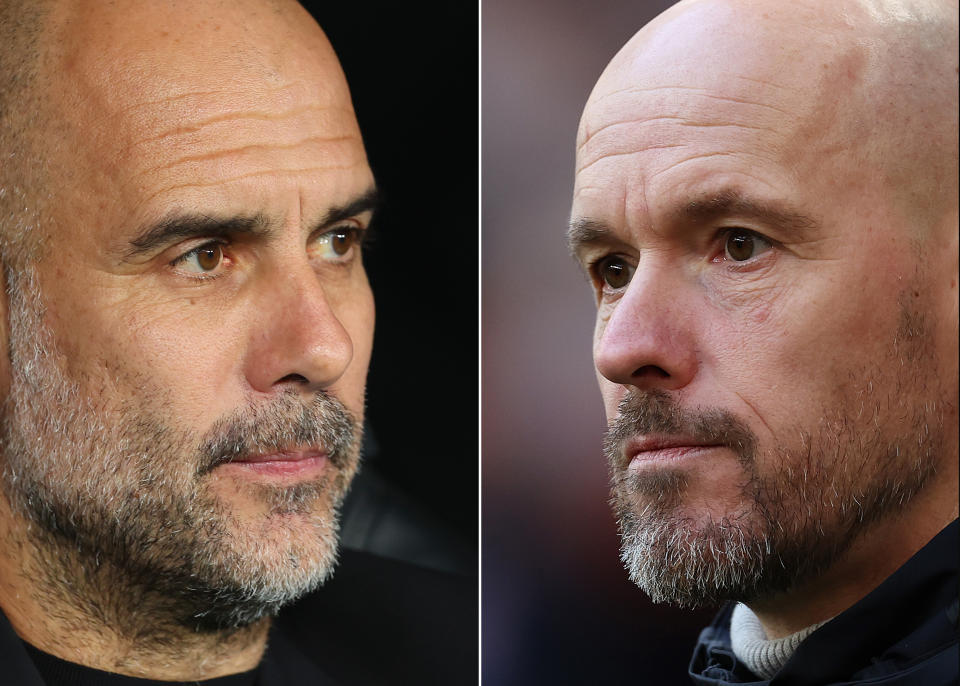 In this composite image a comparison has been made between Pep Guardiola, Manager of Manchester City (L) and Erik ten Hag, Manager of Manchester United. Manchester City and Manchester United will face each other in the FA Cup Final at Wembley Stadium on June 3,3023 in London, England. ***LEFT IMAGE*** MADRID, SPAIN - MAY 09: Pep Guardiola, Manager of Manchester City, looks on prior to the UEFA Champions League semi-final first leg match between Real Madrid and Manchester City FC at Estadio Santiago Bernabeu on May 09, 2023 in Madrid, Spain. (Photo by Julian Finney/Getty Images) ***RIGHT IMAGE***  LONDON, ENGLAND - FEBRUARY 26: Erik ten Hag, Manager of Manchester United, looks on prior to the Carabao Cup Final match between Manchester United and Newcastle United at Wembley Stadium on February 26, 2023 in London, England. (Photo by Julian Finney/Getty Images)