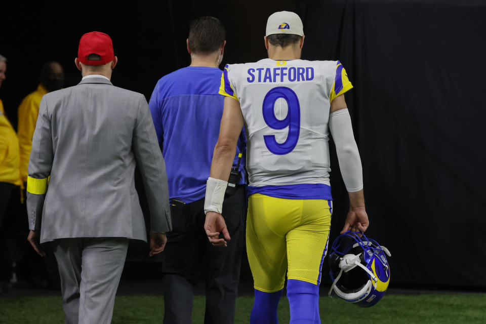 Los Angeles Rams quarterback Matthew Stafford leaves the field in the second half of an NFL football game against the New Orleans Saints in New Orleans, Sunday, Nov. 20, 2022. (AP Photo/Butch Dill)