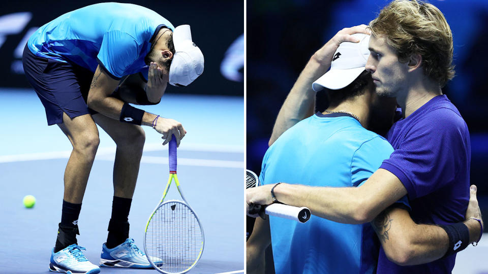 Matteo Berrettini was consoled by his opponent Alexander Zverev after being forced to retire from their ATP Finals match with injury. Pic: Getty