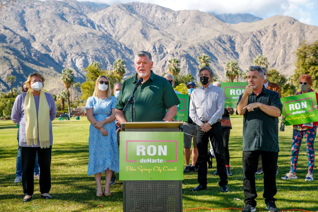 Ron deHarte, the head of Greater Palm Springs Pride and other city organizations, announces a run for the Palm Springs city council seat currently filled by Geoff Kors, at Ruth Hardy Park in Palm Springs, Calif., on Tuesday, Jan. 18. 2022. 