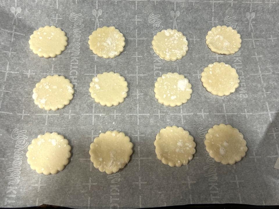 Croutons on a baking sheet for Ina Garten's chicken pot pie soup