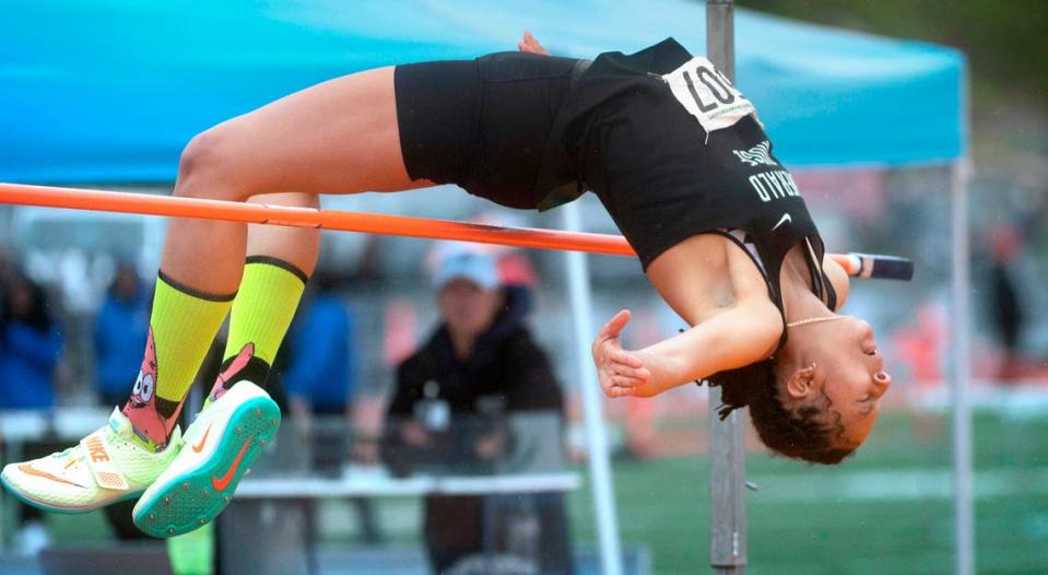 Emerald Ridge freshman JaiCieonna Gero-Holt wins her third individual state championship of the weekend with a victory in the 4A girls high jump competition on the final day of the WIAA State Track and Field Championships at Mount Tahoma High School in Tacoma, Washington on Saturday, May 28, 2022.