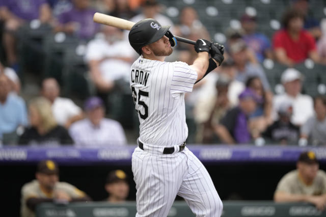 Colorado Rockies' C.J. Cron (25) reacts before the start of a