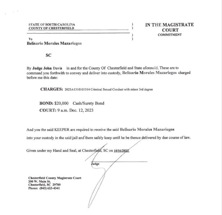 Chesterfield County Magistrate Judge John Davis imposed a $20,000 bond on a man immigration officials determined was in the country illegally. The sheriff’s office didn’t begin the process of investigating Belisario Mazariegos’ citizenship status until four days after this bond hearing. (Source: Chesterfield County Sheriff’s Office)