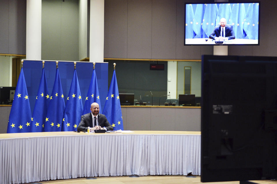 European Council President Charles Michel speaks during a video conference with member states in preparation for the upcoming EU summit at the European Council building in Brussels, Wednesday, Dec. 2, 2020. (Johanna Geron, Pool via AP)