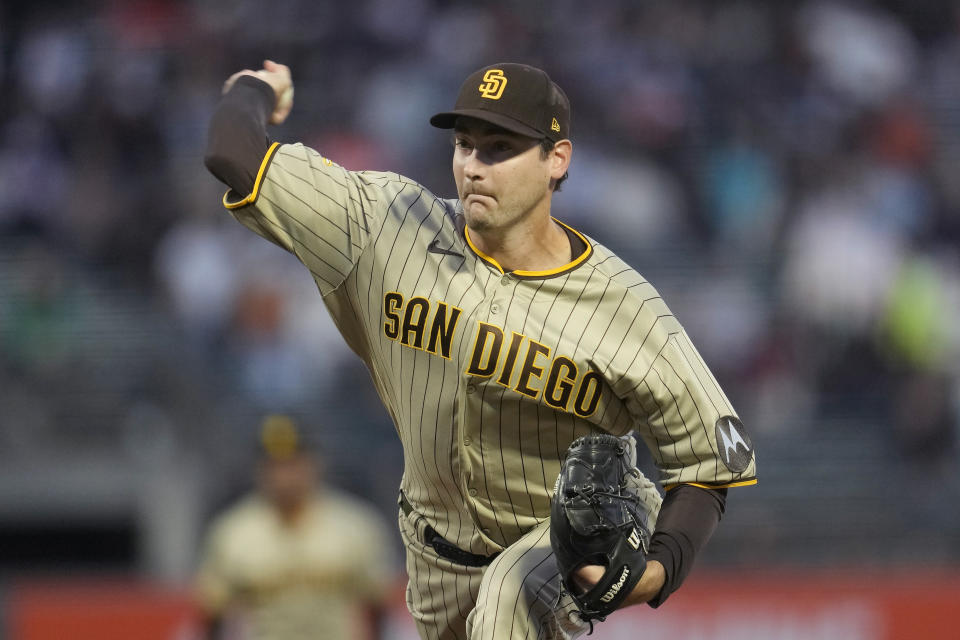 San Diego Padres pitcher Seth Lugo works against the San Francisco Giants during the first inning of a baseball game in San Francisco, Tuesday, Sept. 26, 2023. (AP Photo/Jeff Chiu)