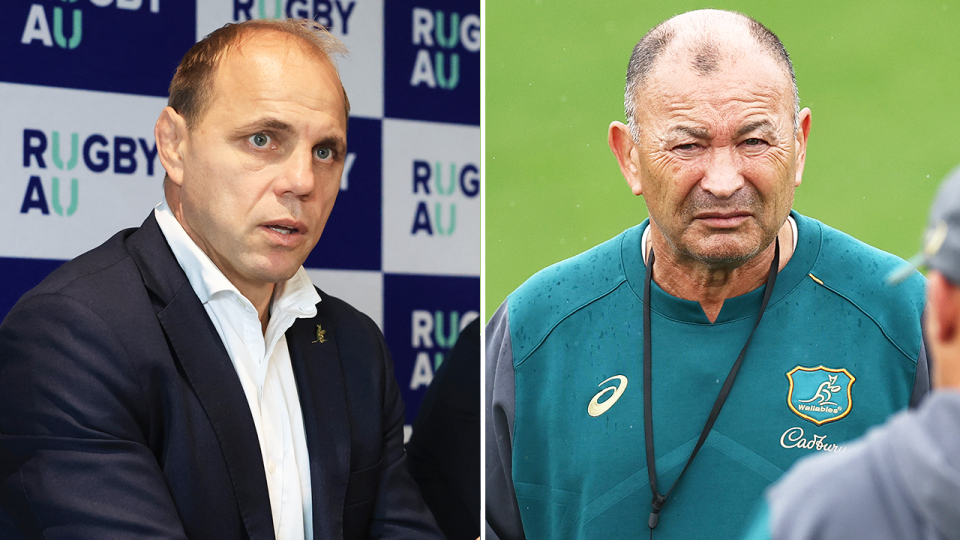 Phil Waugh (pictured left) is trying to rebuild the trust in the boarder rugby community in Australia after admitting Rugby Australia overspent during the latest World Cup flop when Eddie Jones was manager of the Wallabies. (Getty Images)