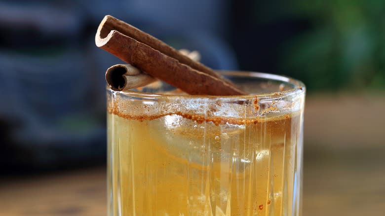 Apple juice in glass with cinnamon