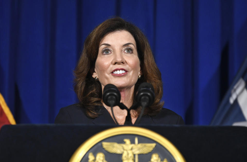 New York Lt. Gov. Kathy Hochul gives a news conference at the state Capitol, Wednesday, Aug. 11, 2021 in Albany, N.Y. Hochul is preparing to take the reins of power after Gov. Andrew Cuomo announced he would resign from office. (AP Photo/Hans Pennink)