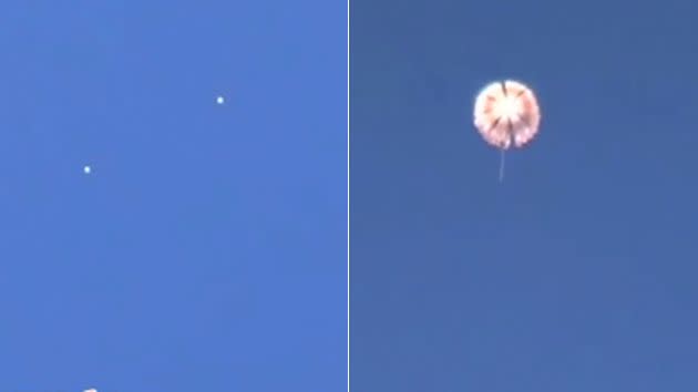 Video has emerged of what is believed to be the moment two pilots ejected themselves from a Russian war plane downed by Turkey as mixed reports surface about whether they survived the firey crash.