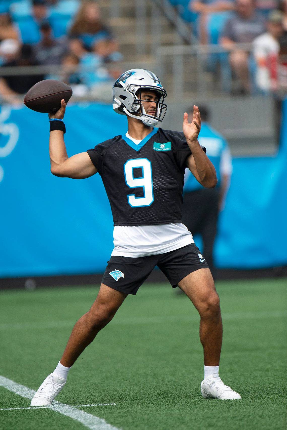 Panthers QB, #9, Bryce Young, made some nice throws during practice Saturday. Fans celebrated the return of Panthers’ football during practice at Bank of America Stadium on Saturday, July 27, 2024 as part of the annual Back Together Saturday event. Practice, which began at 9:30 a.m., included performances by the Panthers entertainment group and activities for fans. Fans cheered on players like Bryce Young (#9), Xavier Legette (#17), Damien Lewis (#68) and head coach Dave Canales.