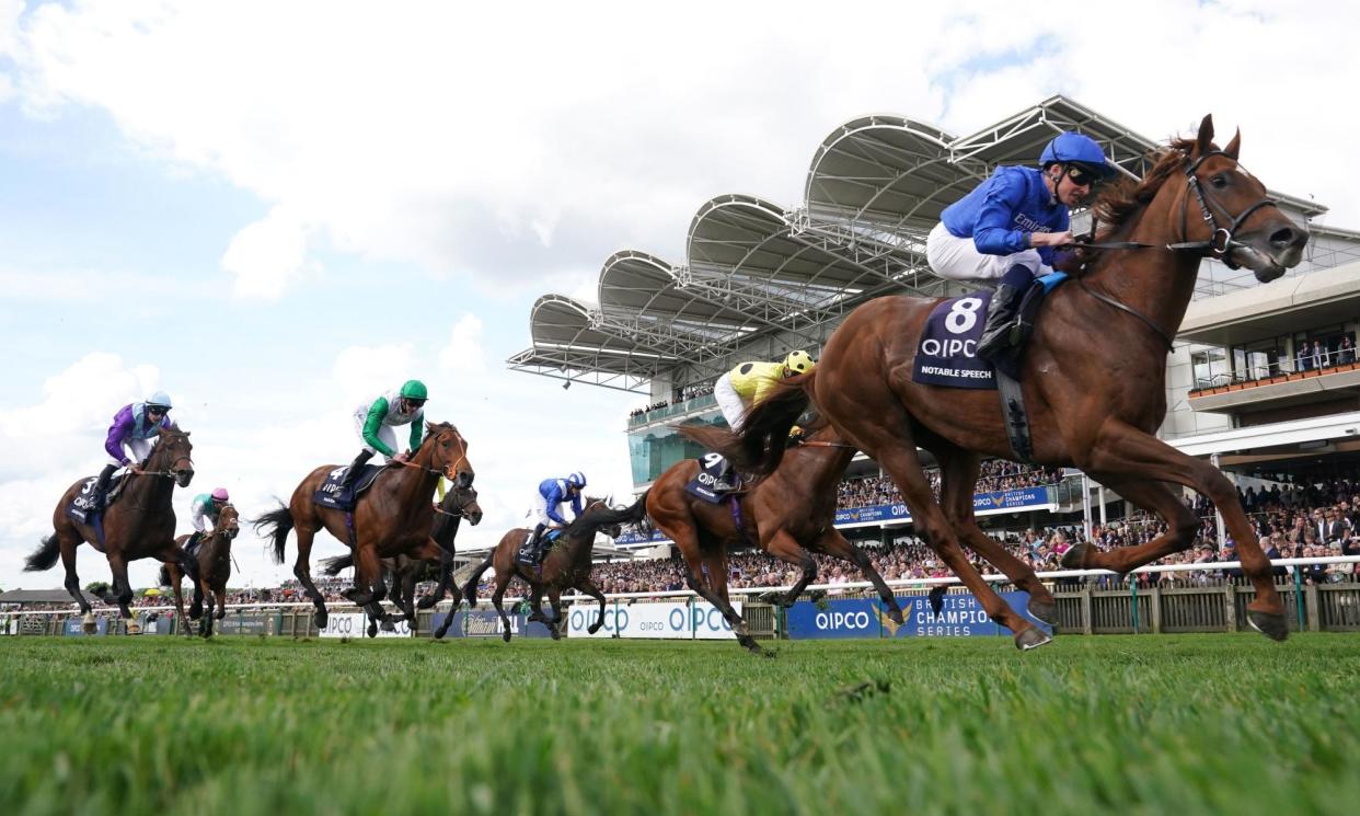 <span>Notable Speech canters to victory ridden under William Buick with Rosallion and Haatem following in second and third respectively.</span><span>Photograph: Bradley Collyer/PA</span>