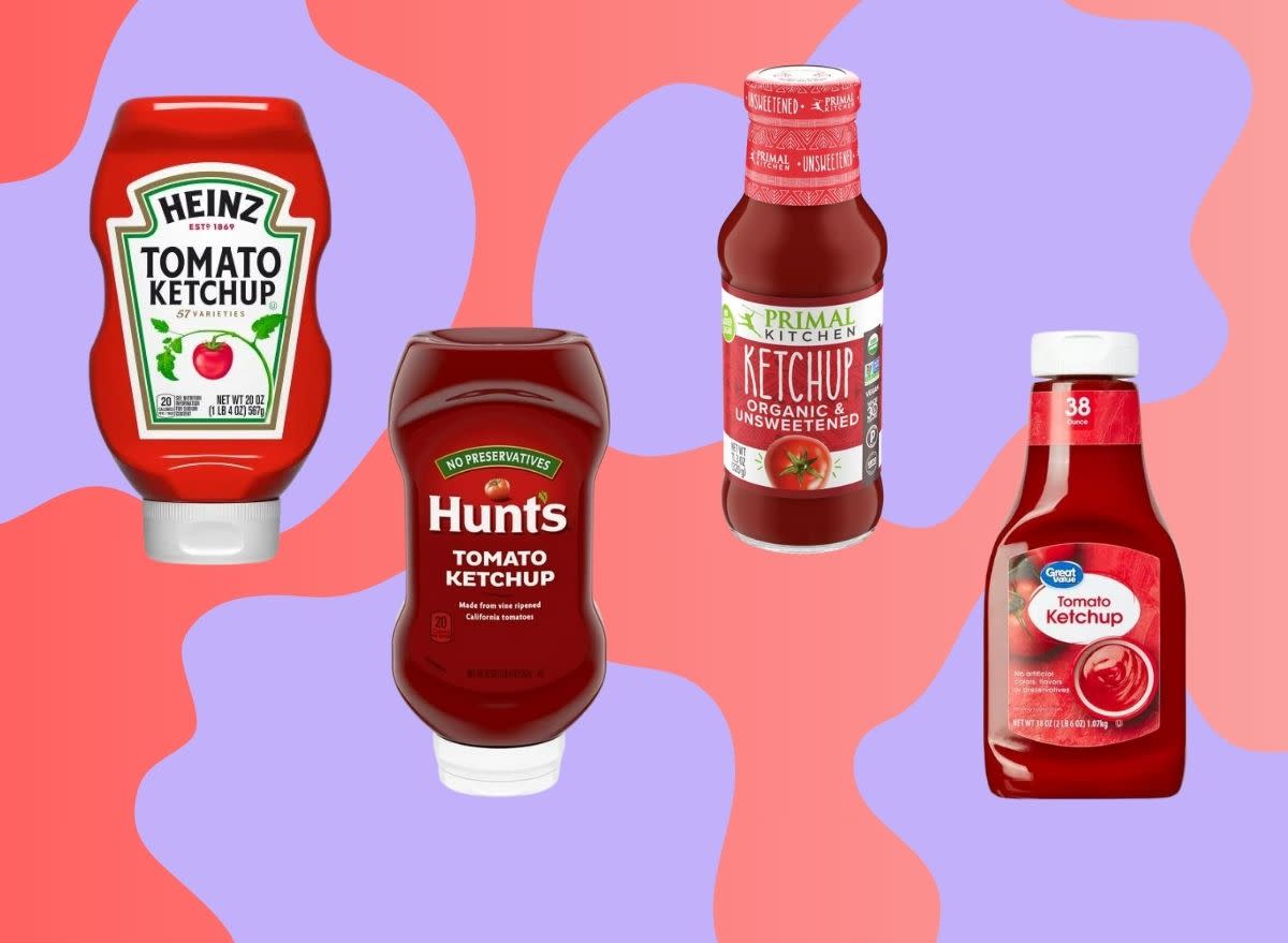 four popular store-bought ketchup bottles on a purple and red designed background