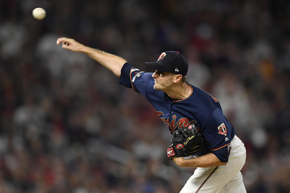 MINNEAPOLIS, MINNESOTA - OCTOBER 07: Jake Odorizzi #12 of the Minnesota Twins throws a pitch against the New York Yankees in the first inning of game three of the American League Division Series at Target Field on October 07, 2019 in Minneapolis, Minnesota. (Photo by Hannah Foslien/Getty Images)