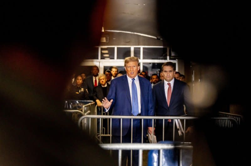 Former U.S. President Donald Trump arrives for his hush money trial at Manhattan Criminal Court on May 20, 2024. Pool Photo by Mark Peterson/UPI