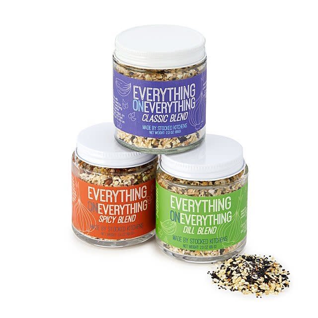 Even the most <i>seasoned </i>brunch fanatics could use this trio of everything bagel seasoning. The blends are all different &mdash; there's the "Classic," another named the "Dill" and one called "Spicy." They can sprinkle these blends on everything from popcorn to dips. <a href="https://fave.co/2VMpxAa" target="_blank" rel="noopener noreferrer">﻿Find the set for $20 at Uncommon Goods</a>.