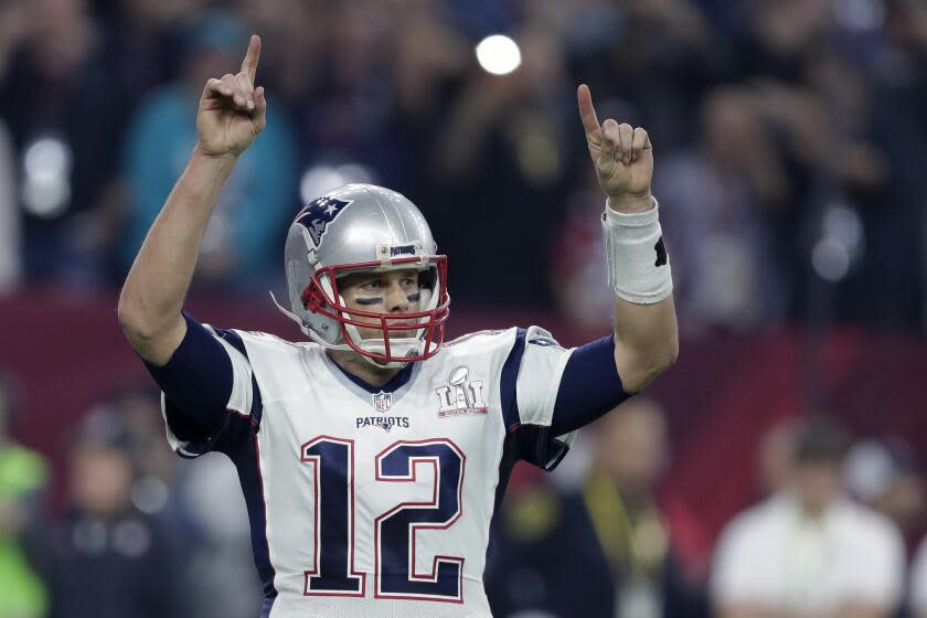 FILE - New England Patriots' Tom Brady reacts during the second half of the NFL Super Bowl 51 football game.