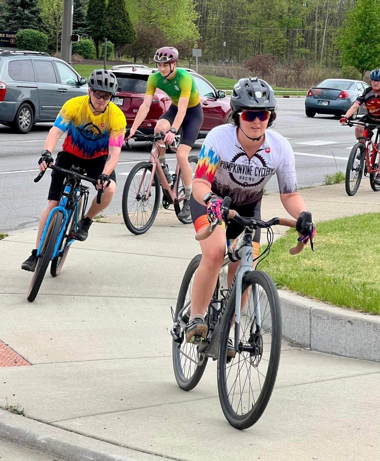 Cyclists ride out of the South Bend Bike Garage for the debut of The Rollout South Bend social rides on May 2, 2024.