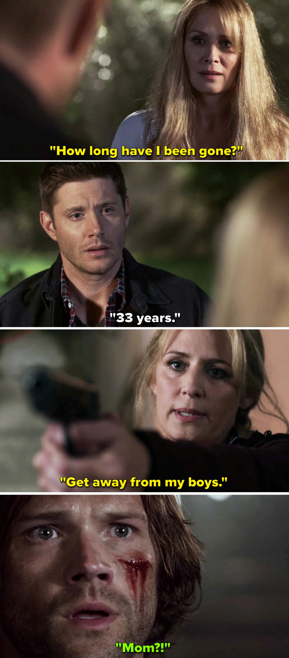 <div><p>"One of my favorites has to be when Sam and Dean got their mom back as a gift from helping the Darkness. It was very emotional, and seeing them reconnect with their mom was very heartwarming."</p><p>—<a href="https://www.buzzfeed.com/graciea02" rel="nofollow noopener" target="_blank" data-ylk="slk:graciea02;elm:context_link;itc:0;sec:content-canvas" class="link ">graciea02</a></p></div><span> The CW</span>