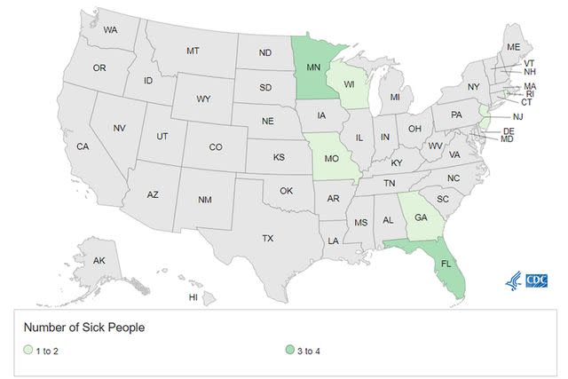 <p>CDC</p> CDC map of reported Salmonella infections