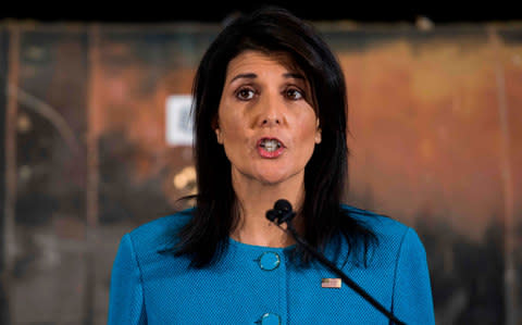 US Ambassador to the United Nations Nikki Haley unveils previously classified information intending to prove Iran violated UNSCR 2231 - Credit: JIM WATSON/AFP/Getty Images