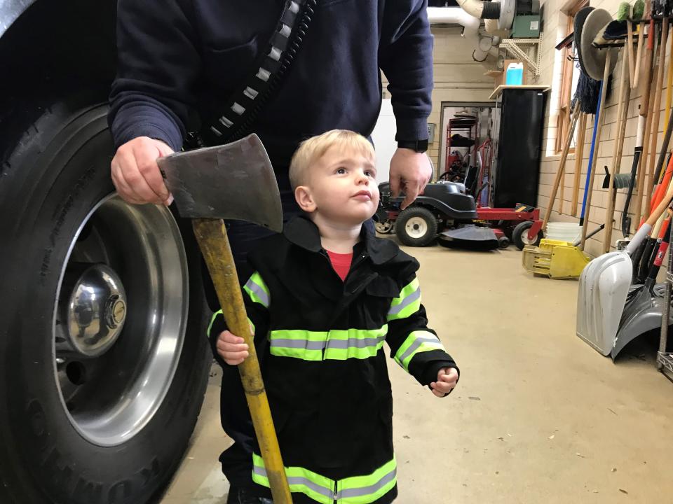 IndyStar columnist James Briggs' son, Felix, tours the Tri-State Fire Protection District, where his great-grandfather, George Laws, worked as a volunteer firefighter.