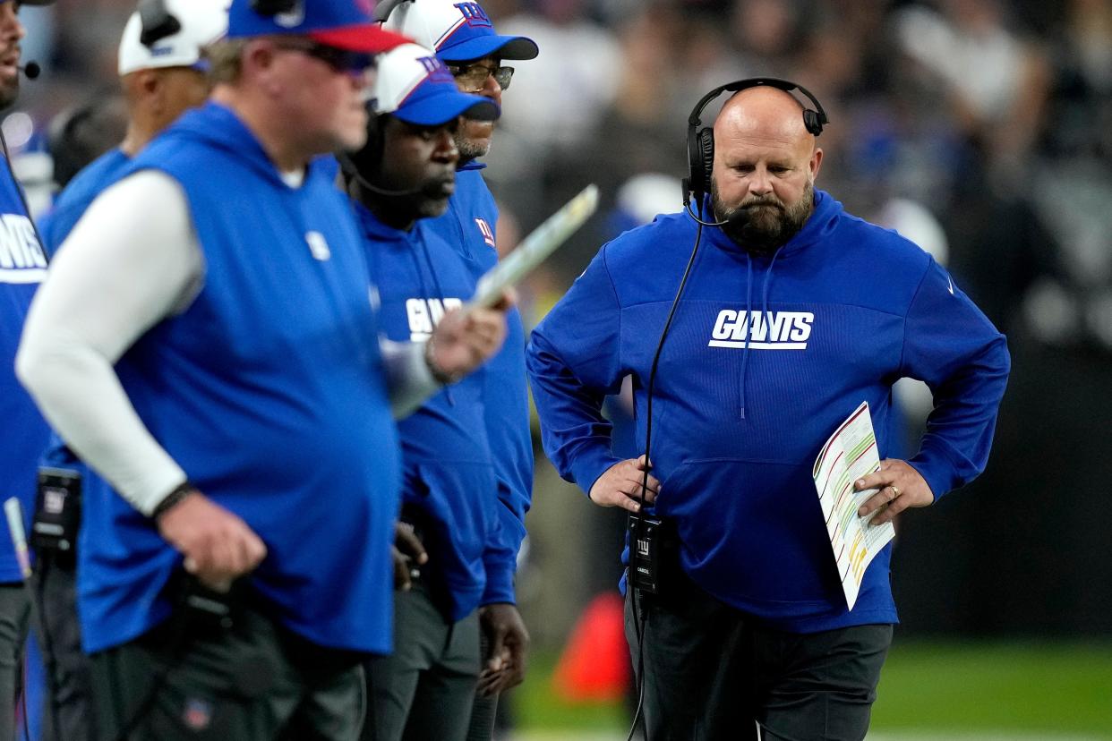 New York Giants head coach Brian Daboll paces the sidelines during the first half of an NFL football game against the Las Vegas Raiders, Sunday, Nov. 5, 2023, in Las Vegas. (AP Photo/John Locher)