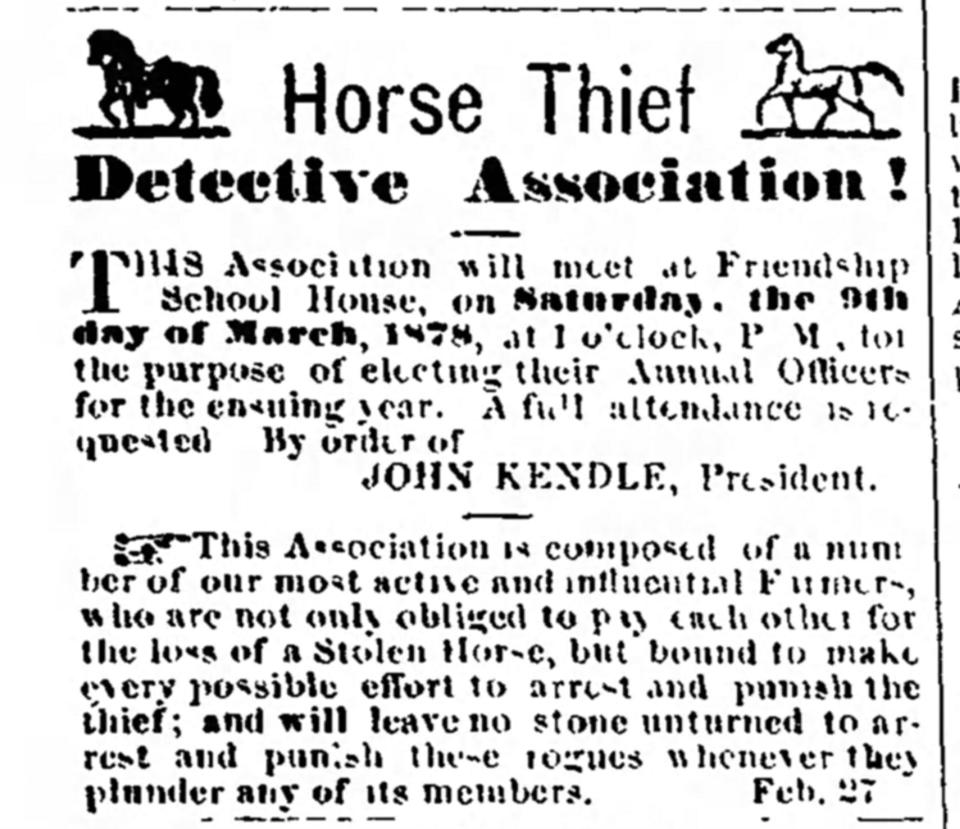 Horse Thief Detective Association notice published in the Herald and Torch Light, Feb. 27, 1878.