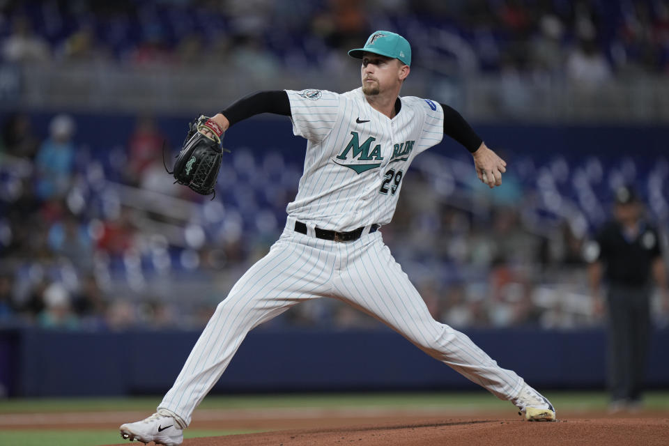 Miami Marlins' Braxton Garrett delivers a pitch during the first inning of a baseball game against the Washington Nationals, Friday, Aug. 25, 2023, in Miami. (AP Photo/Wilfredo Lee)