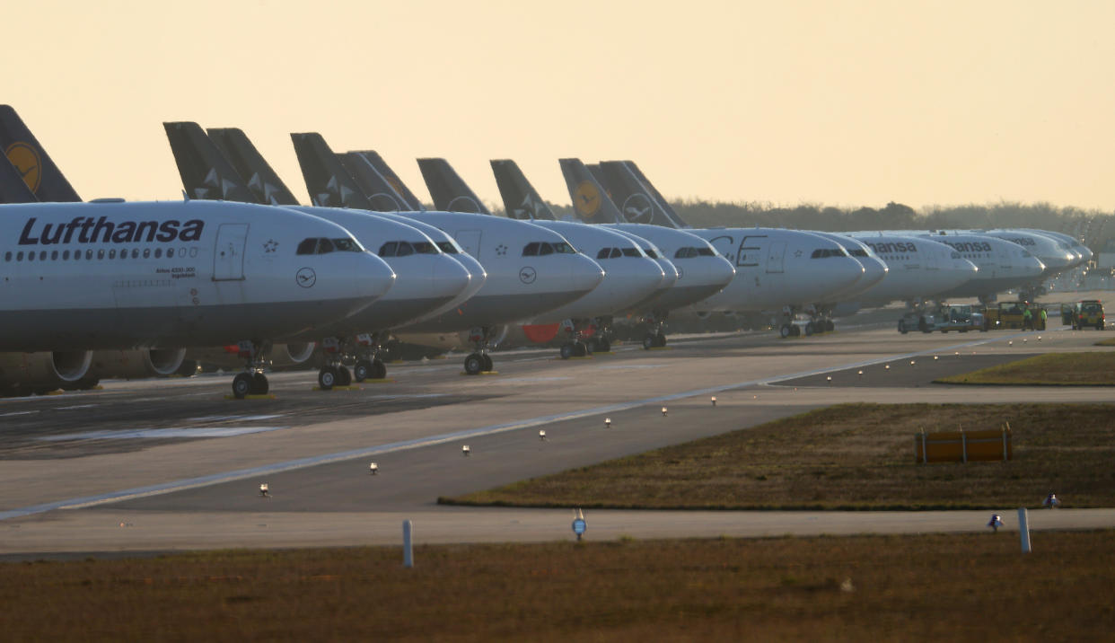 Planes of the German carrier Lufthansa are parked on a closed runway, as the spread of the coronavirus disease (COVID-19) continues, at the airport in Frankfurt, Germany March 24, 2020.  REUTERS/Kai Pfaffenbach