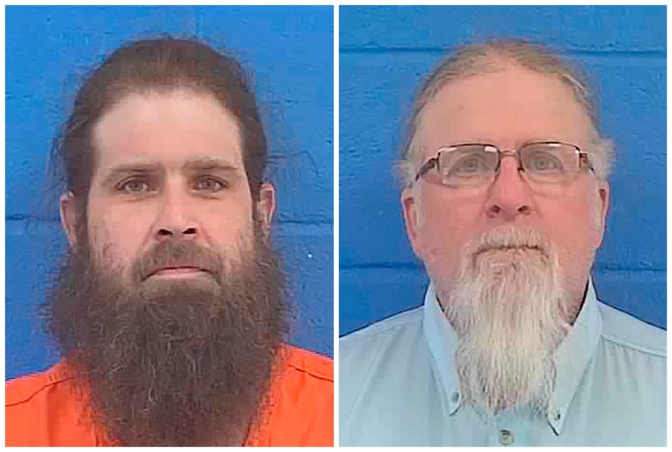 This combination of booking photos provided by Lincoln County, Miss., Sheriff's Department show Brandon Case, left, and his father, Gregory Charles Case, on Feb. 1, 2022.