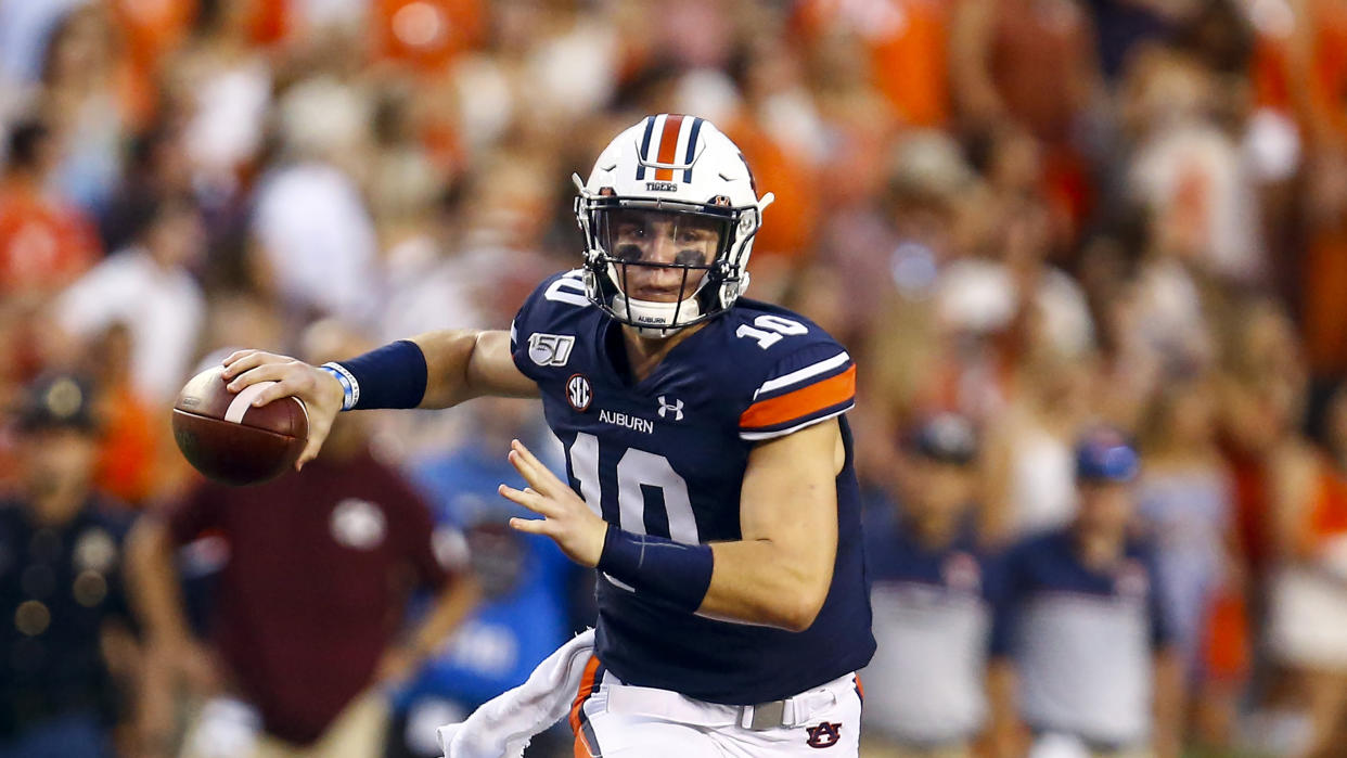 Auburn quarterback Bo Nix (10) throws a pass during the first half of an NCAA college football game against Mississippi State, Saturday, Sept. 28, 2019, in Auburn, Ala. (AP Photo/Butch Dill)