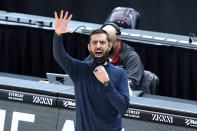 Charlotte Hornets head coach James Borrego yells at his team during the first half of an NBA basketball game against the Chicago Bulls, Thursday, April 22, 2021, in Chicago. (AP Photo/Charles Rex Arbogast)