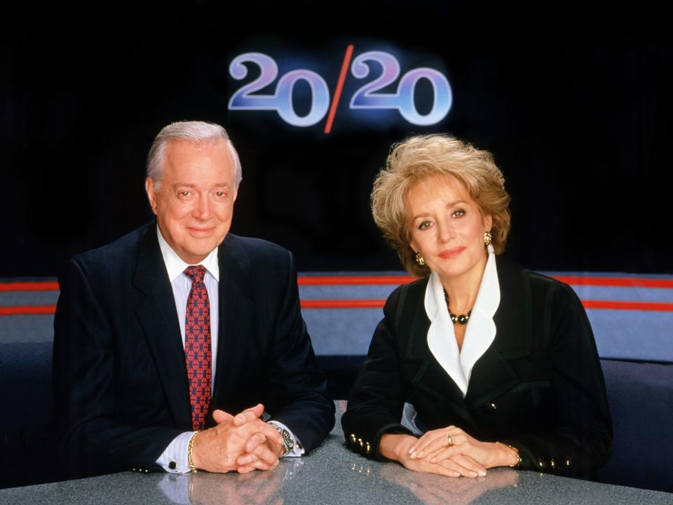 Hugh Downs and Barbara Walters on set for "20/20" in 1999