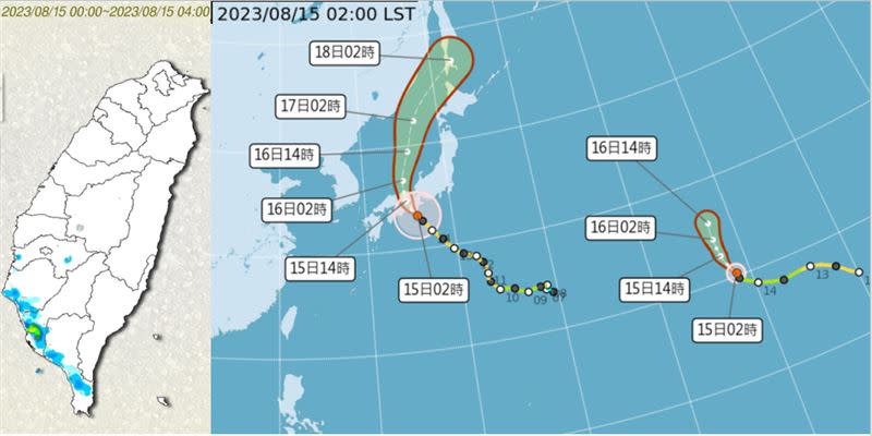 左圖：今晨4時累積雨量圖顯示，中南部已有局部陣雨。右圖：15日2時中央氣象局「路徑潛勢預測圖」顯示，蘭恩已減弱為輕颱，在本州南方近海，即將登陸；侵襲日本本州、四國，明日中心進入日本海。朵拉向北大迴轉，逐漸減弱為熱帶低壓。