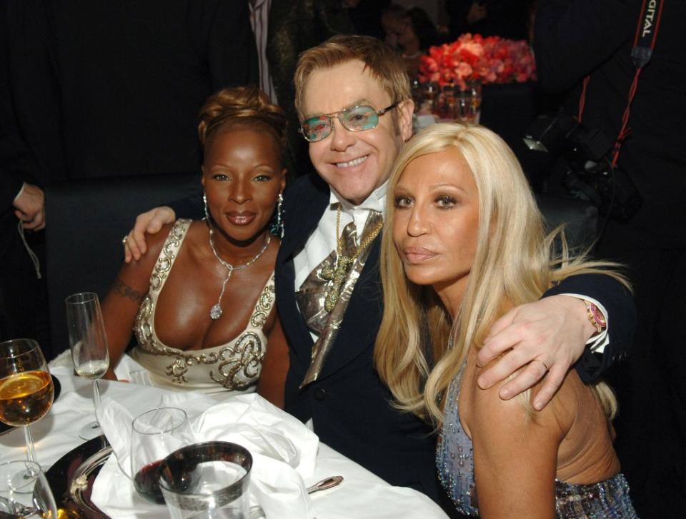 Mary J. Blige attended the Elton John AIDS Foundation Oscar Party in 2005, along with Donatella Versace (right). Dimitrios Kambouris/WireImage.co