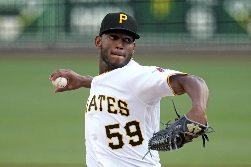 Pittsburgh Pirates starting pitcher Roansy Contreras delivers during the first inning of a baseball game against the Los Angeles Dodgers in Pittsburgh, Wednesday, April 26, 2023. (AP Photo/Gene J. Puskar)