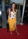 <p>Emily looked summery in a strapless, polk dot Jacquemas top with a mango-coloured skirt. <em>[Photo: Getty]</em> </p>