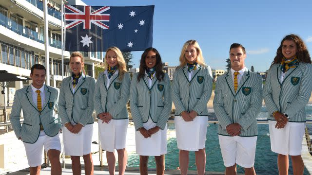 Australian Olympic team members (L-R) Josh Dunkley-Smith (rowing), Lou Bawden (beach volleyball), Kaarle McCulloch (cycling), Taliqua Clancy (beach volleyball), Annette Edmondson (cycling), Ed Jenkins (Rugby 7's) and Jessica Fox (canoe slalom), wear the Australian Olympic team Opening Ceremony uniform for the Rio 2016 Olympic Games for the first time at Bondi Iceberg's swimming pool in Sydney on March 30, 2016. / AFP / PETER PARKS / --IMAGE RESTRICTED TO EDITORIAL USE - STRICTLY NO COMMERCIAL USE-- (Photo credit should read PETER PARKS/AFP/Getty Images)