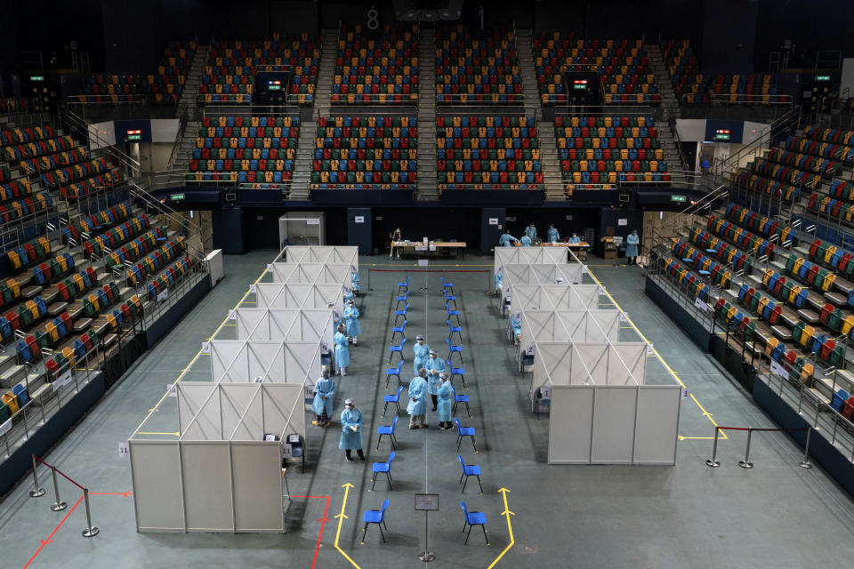 The makeshift testing site is seen at the Queen Elizabeth Stadium in Hong Kong Tuesday, Sept. 1, 2020. Hong Kong began a voluntary mass-testing program for coronavirus Tuesday as part of a strategy to break the chain of transmission in the city's third outbreak of the disease. (Anthony Kwan /Pool Photo via AP)