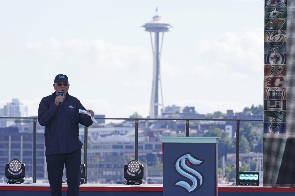 Seattle Kraken CEO Tod Leiweke speaks Wednesday, July 21, 2021, during the NHL hockey team's expansion draft event in Seattle. (AP Photo/Ted S. Warren)