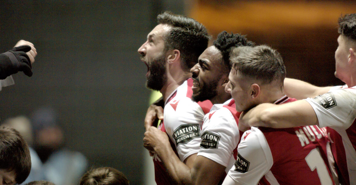  WELCOME TO WREXHAM — “Wins and Losses” — Season 1, Episode 12 (Airs October 5th) — Pictured: (l-r) Ollie Palmer, Reece Hall-Johnson, Paul Mullin. 