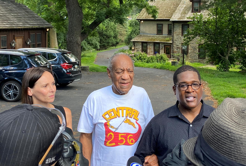 Attorney Jennifer Bonjean, Bill Cosby, and spokesperson Andrew Wyatt speak outside of Bill Cosby’s home on June 30, 2021 in Cheltenham, Pennsylvania. Bill Cosby was released from prison after court overturns his sex assault conviction. - Credit: Michael Abbott/Getty Images